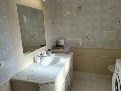 a bathroom with a sink and a mirror and a toilet at Les Terrasses de Sari in Sari Solenzara