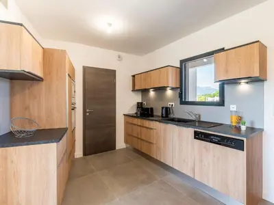 a large kitchen with wooden cabinets and a sink at Apartment Stanatura-3 by Interhome in Porto-Vecchio