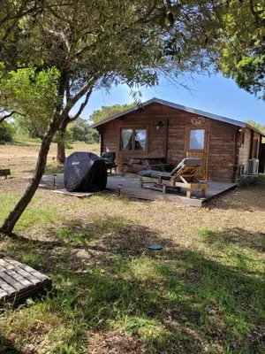 a wooden cabin with a tent in a field at Chalet Climatisé SANTA MARIA à Bonifacio in Bonifacio