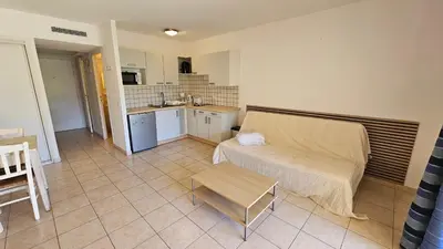 a small room with a bed and a kitchen at PALMERAIE 218 in Sari Solenzara