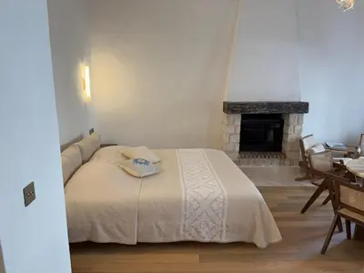 a bedroom with a bed and a fireplace at Entre Ciel et Mer hotel in Bonifacio