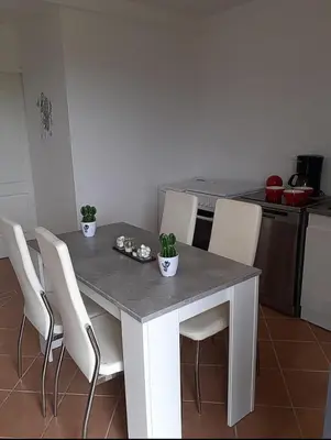 a kitchen table with white chairs and a table with plants on it at Logement calme et agréable à proximité d'Ajaccio in Canale