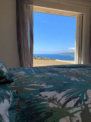 a bedroom with a bed with a view of the beach at Maison vue mer Propriano Viggianello in Viggianello