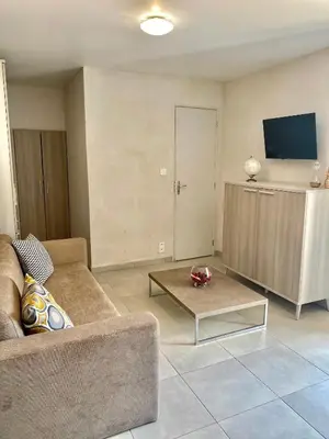 a living room with a couch and a coffee table at STUDIO TERRASSE VUE MER Clim Wifi Parking in Partinello