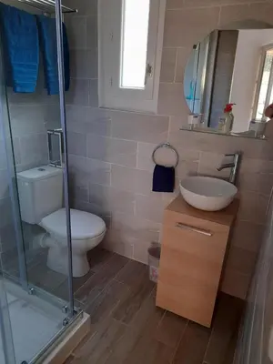 a bathroom with a toilet and a sink and a shower at Maisonnette U Santu Ghjuvandria ou A Santa Ghjulia entre mer et Montagne in Volpajola