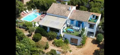 an aerial view of a house with a swimming pool at Villa vue sur mer Corse Blanca Casa à PORTICCIO AJACCIO in Grosseto-Prugna