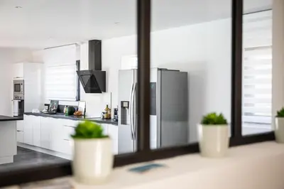a kitchen with a stainless steel refrigerator and potted plants at Villa Bianca in Zonza