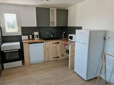 a kitchen with a white refrigerator and wooden cabinets at Pinea Mare in Poggio-Mezzana