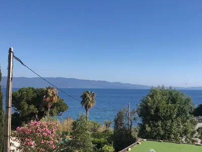 a view of the ocean and a palm tree at Ajaccio appartement 4 couchages, climatisé a 150m de la plage route des sanguinaires, parking privé in Ajaccio