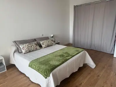 a bedroom with a bed with a green blanket on it at Ajaccio appartement 4 couchages, climatisé a 150m de la plage route des sanguinaires, parking privé in Ajaccio