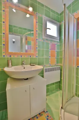 a bathroom with a sink and a mirror and a shower at Appartement T2 Porticcio Vue sur Mer in Porticcio