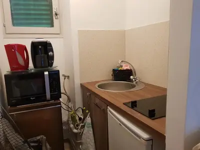 a kitchen with a sink and a microwave at AJACCIO CATHEDRALE AU COEUR DE LA CITEE IMPERIALE POUR 3 a 4 PERS PROCHE DES PLUS BELLES PLAGES ET DE TOUTES COMMODITES PORT A 2MN in Ajaccio