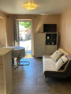 a living room with a couch and a table and a television at DUPLEX 4 PERSONNES Clim Wifi Parking in Partinello