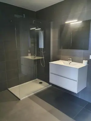 a bathroom with a shower and a sink and a shower at LoCorse - Superbe appartement T2 avec une belle vue mer in Grosseto-Prugna