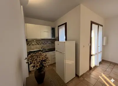 a kitchen with a refrigerator and a vase with flowers at 8 ARBOUSIERS VILLA 21 in Bonifacio