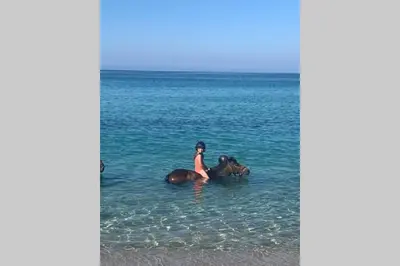 a woman riding a horse in the water at Maison typique de campagne au cœur de la nature . in Sartène