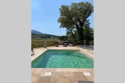 a swimming pool in a backyard with a tree at Maison typique de campagne au cœur de la nature . in Sartène