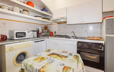 a kitchen with a washing machine and a microwave at 1 Bedroom Gorgeous Home In Venzolasca in Venzolasca
