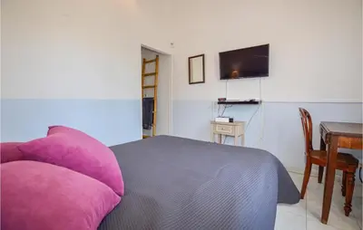 a bedroom with a bed with purple pillows and a table at 1 Bedroom Gorgeous Home In Venzolasca in Venzolasca