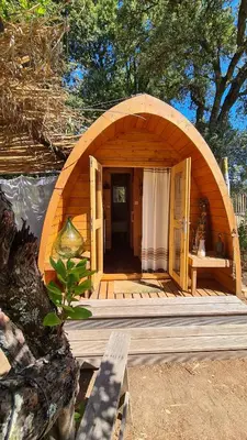 a small wooden house with a wooden arched doorway at Gîte atypique Le Pod au coeur du maquis in Carbuccia