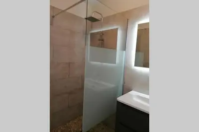 a bathroom with a sink and a glass shower at Appartement les pieds dans l'eau 300 m plage - 2 piscines in Linguizzetta