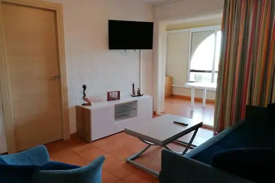 a living room with a couch and a tv at Appartement les pieds dans l'eau 300 m plage - 2 piscines in Linguizzetta