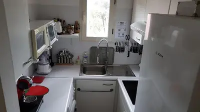 a small kitchen with a sink and a refrigerator at Villa Pinarello climatisée avec piscine chauffée in Sainte-Lucie de Porto-Vecchio