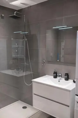 a bathroom with a shower and a sink and a shower at Superbe T2 climatisé, proche plage - belle vue mer in Porticcio