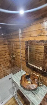 a bathroom with a wooden wall with a sink at Domaine Authentique de Rose in Porto-Vecchio