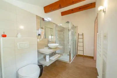 a bathroom with a toilet and a sink in it at Auberge U n'Antru Versu in San-Gavino-di-Carbini
