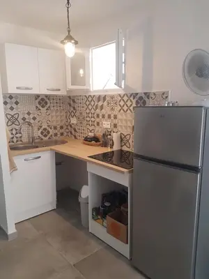 a kitchen with a refrigerator and a counter top at Charmant 2 pièces en plein coeur du village in Cargèse