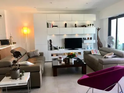 a living room with two couches and a tv at VUE MAGNIFIQUE SUR BAIE AJACCIO in Porticcio