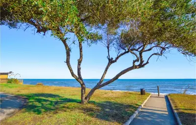 a tree on the side of a sidewalk next to the ocean at 1 Bedroom Amazing Apartment In Prunete in Prunete