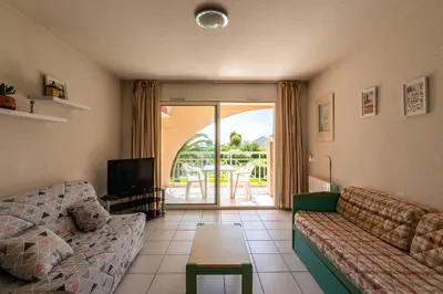 a living room with a couch and a television at Arinella in San-Nicolao