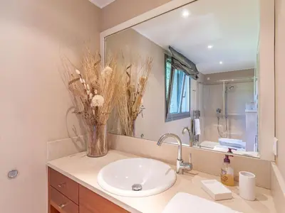 a bathroom with a sink and a large mirror at Holiday Home Villa Lavezzi by Interhome in Bonifacio