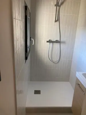 a bathroom with a shower with a sink and a shower at Maison pieds dans l eau avec piscine et clim in Linguizzetta