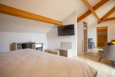 a bedroom with a bed and a desk and a tv at A PIANARELLA in San-Gavino-di-Carbini