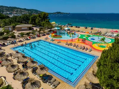an overhead view of a swimming pool at a resort at Residence Club Marina Viva in Porticcio