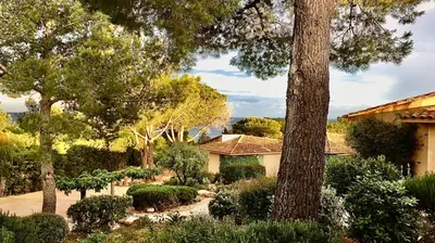 a house with trees and bushes in a yard at Palombaggia in Porto-Vecchio