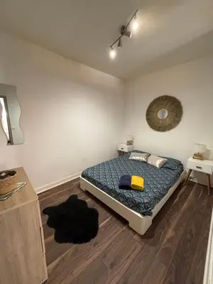 a bedroom with a bed in the corner of a room at Appartement F3 hyper centre in Ajaccio