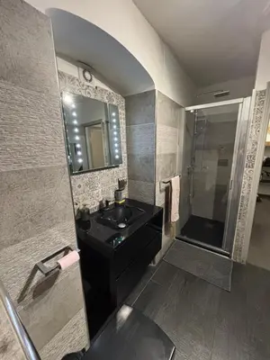 a bathroom with a black sink and a shower at Appartement F3 hyper centre in Ajaccio