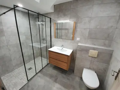 a bathroom with a shower and a sink and a toilet at T2 Propriano vue mer, neuf, climatisé et classé 3 étoiles in Viggianello