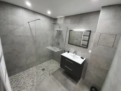 a bathroom with a shower and a sink and a glass shower at T3 Propriano vue mer, neuf, climatisé et classé 4 étoiles in Viggianello