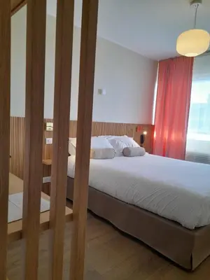 a bedroom with a large bed with a red curtain at Hôtel Albion in Ajaccio