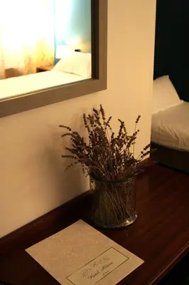 a vase of flowers on a table with a mirror at Hôtel Albion in Ajaccio