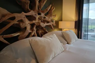 a bedroom with a white bed with a tree headboard at I Salini - T3 élégant & calme près du centre - Classé 4 étoiles in Porto-Vecchio