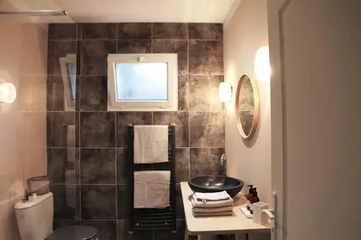 a bathroom with a toilet and a sink and a mirror at Ogliastrello in Olmeto