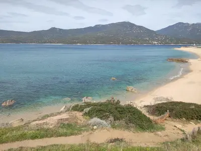 a view of a beach with mountains in the background at A Casa Vadiiolina - Chambres d'hôtes d'exception in Sollacaro