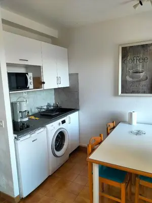 a kitchen with a washing machine and a table at T2 vue mer à Porticcio, proche aéroport Ajaccio in Porticcio
