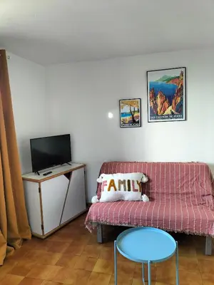 a living room with a couch and a tv at T2 vue mer à Porticcio, proche aéroport Ajaccio in Porticcio